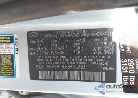 2008 Hyundai Santa Fe Limited/Se z USA, uszkodzony, nr VIN 5NMSH13E68H153153